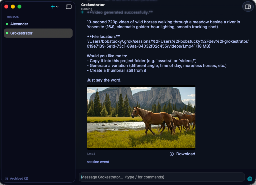 Grokestrator cockpit running on a Mac, with grok build instances in sidebar tabs